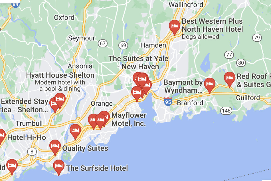 Map of hotels near New Haven